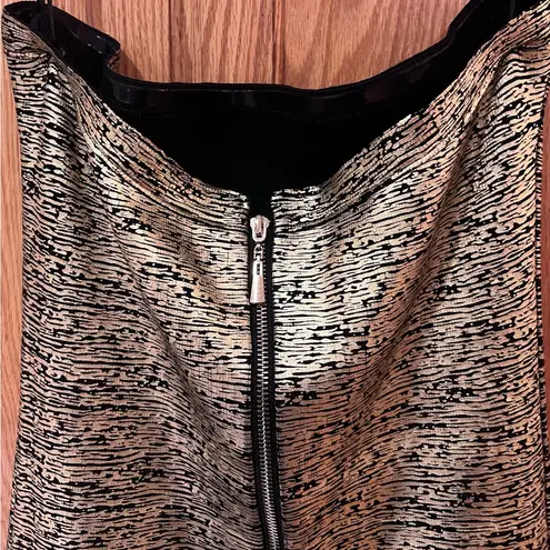 2B Bebe Gold & Black Foil Strapless Bodycon Cocktail Holiday NYE Dress Sz Large