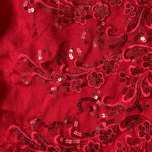 Vintage 80s Zum Zum Red Lace Floral Metallic Sequin Strapless Cocktail Dress Size XS