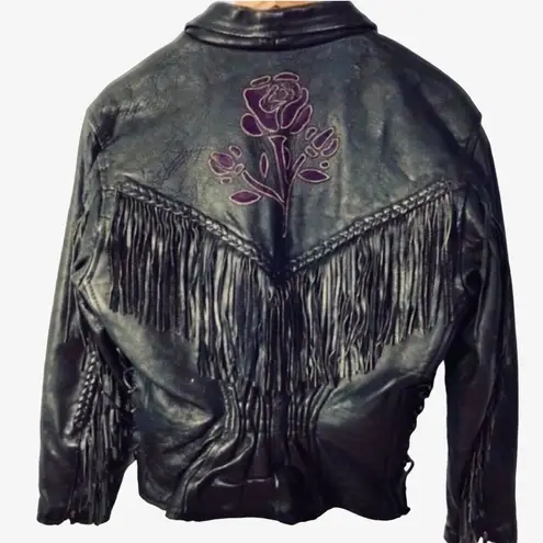 Vintage Genuine Black Leather Fringe Biker Motorcycle Jacket SZ L Size L
