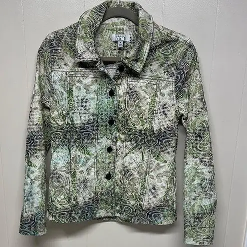 KEREN hart Green Jean Jacket with Artistic Botanical Print Size M
