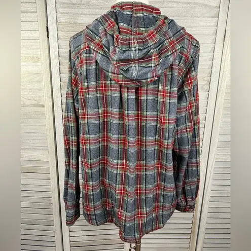 L.L. BEAN Women's Scotch Plaid Flannel Shirt Relaxed Zip Hoodie Gray/Multi