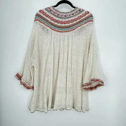 Free People  Embroidered Knit Tunic Top Cream Multi Color Bell Sleeve Boho Size S