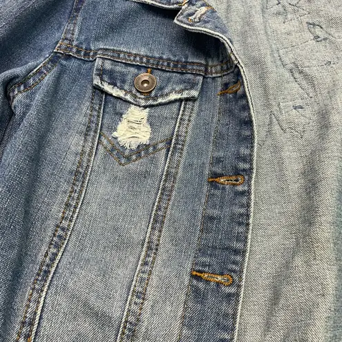 Highway Jeans DISTRESSED DENIM JACKET SZ S WITH EMBROIDERED ROSES FRONT/BACK