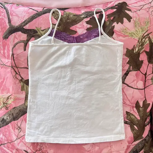 illusion coquette white cami with purple lace bow trim