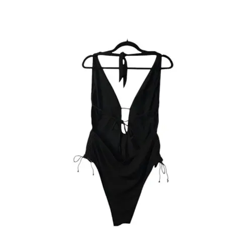 Black Plunge Tie Side Ruched One Piece Swimsuit Adjustable Bathing Suit XS