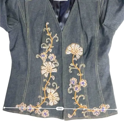 Vintage Pamela McCoy Women's Denim Floral Boho Chic Embroidered Floral Blazer S Blue