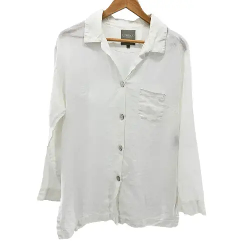 Libeco Home Linen Pajama Lounge Set White Button Top & Pants Size Large