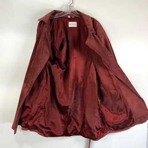 Henri Bendel Vintage Suede Coat Red Leather Belted Double Breasted Cherry