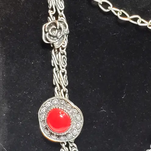 Red Silver Tone Chunky Cross Rose Charms Double Chain Necklace 22" Unsigned
