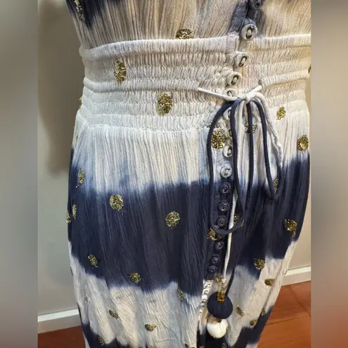 GOA Paris Blue & White Asymmetric Hem V Neck Midi Dress Floaty Fairycore Sz M Size M