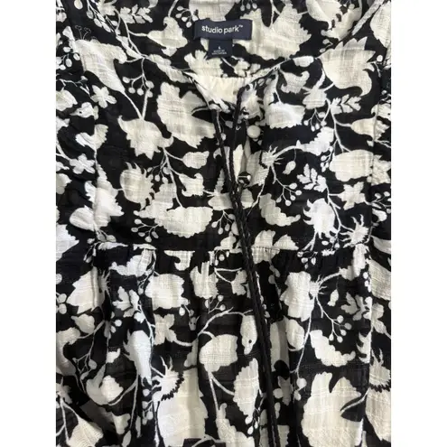 Italian Floral Midi Dress/BLK WHT, Cotton, Puffed 3/4 Sleeve, Waist Tie, Boho L Black Size L