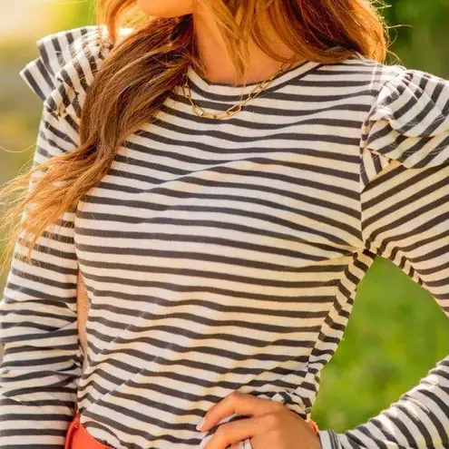 Doe & Rae RUFFLE TOP Brown Stripe L