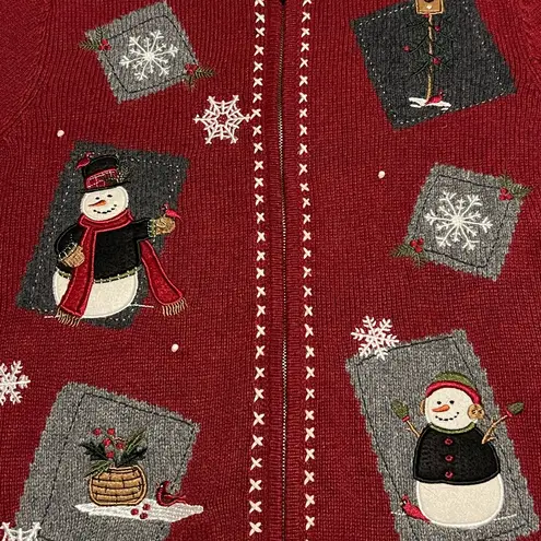 Croft & Barrow  Womens Cardigan Sweater Large Red Full Zip Snowman Ugly Christmas