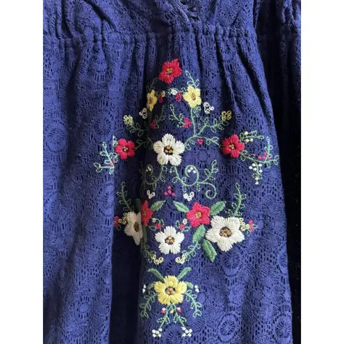 Embroidered Floral Navy Blue Lace V Neck Mini Dress Dress Sz M Beach Cover Up Size M
