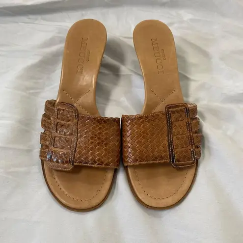 Tan Brown Braided Open Toe 90s Euro Leather Block Wedge Heels Sandals 6.5