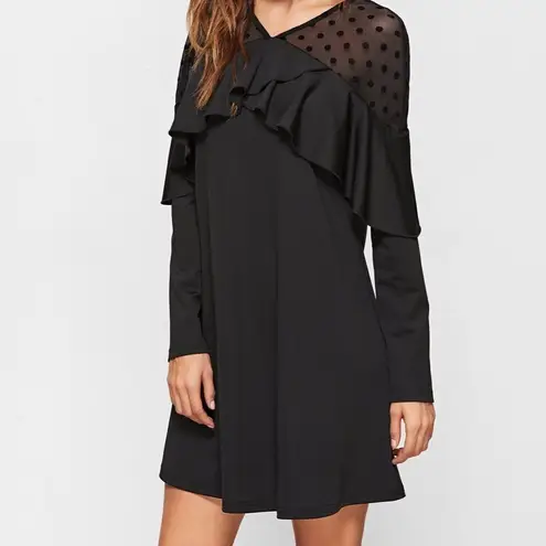 Black Polka Dot Mesh Neck Ruffle Trim A Line Dress Black Size M