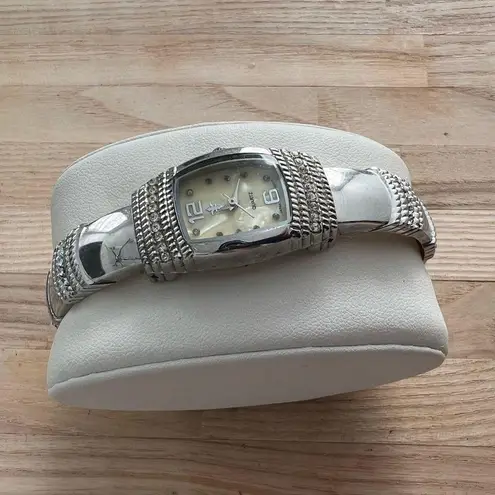 Accutime Ladies Watch Crystals Stainless Hinged Cuff Bracelet Pearl Dial