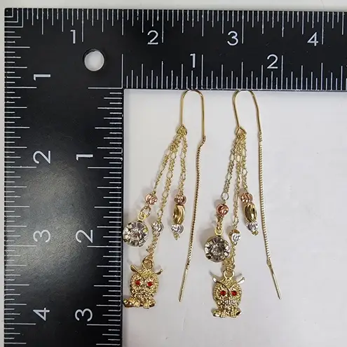 Gold Filled Threader Dangle Earrings Owl and Zirconia Stones Red