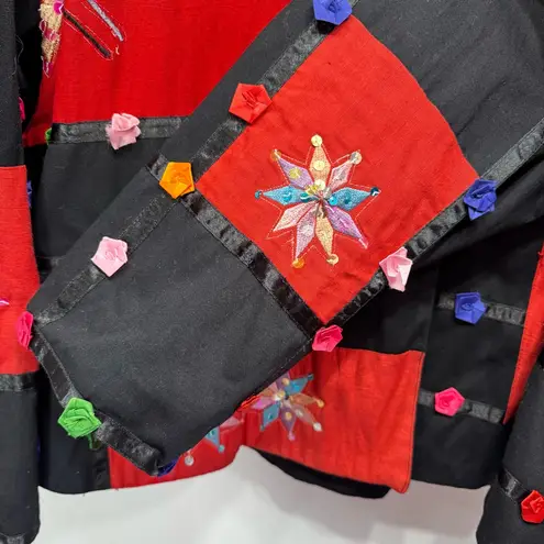 Vintage Statement Jacket Colorful Ribbon Rosettes Sequins Embroidery Patchwork Black Size 2X