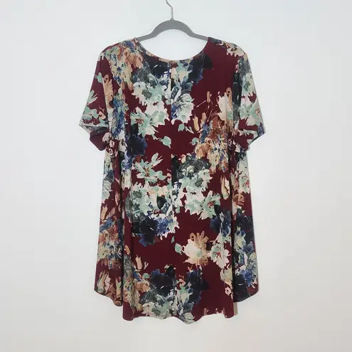 Pink Coconut Boutique Pink Coconut Burgundy Floral V-Neck Tunic Short Sleeve Oxblood Swing Top