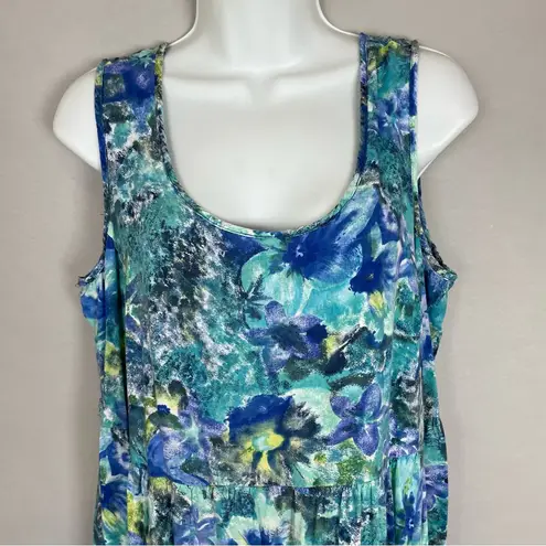 Vintage 90s Babydoll Dress Sleeveless Relaxed Fit Pockets Blue Green Tropical Size L