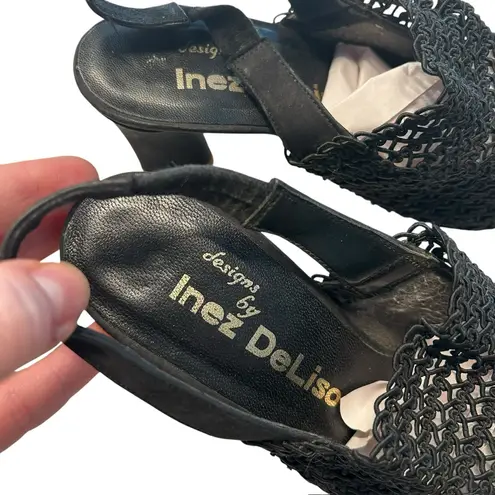 Inez De Lisa Size 8 Woven Macrame Slingback Heels Coastal Preppy Pointed Toe Black