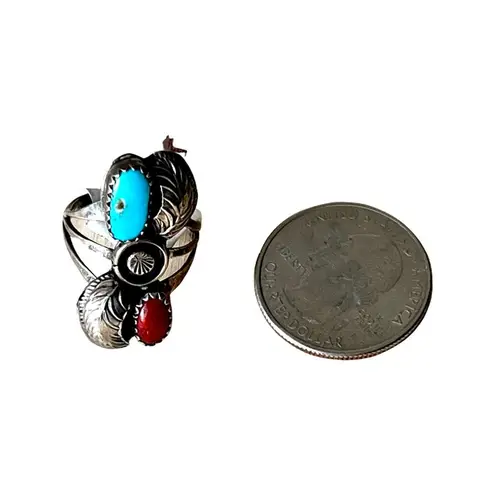 None Vintage sterling silver turquoise and coral Native American ring size 6.5