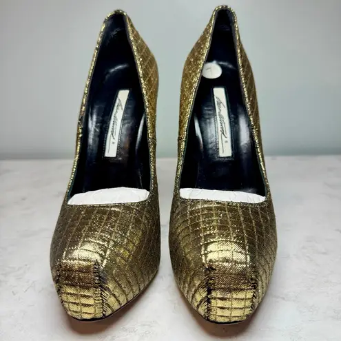 Brian Atwood New Gold Quilted Platform Heels Size 7 Silk & Leather