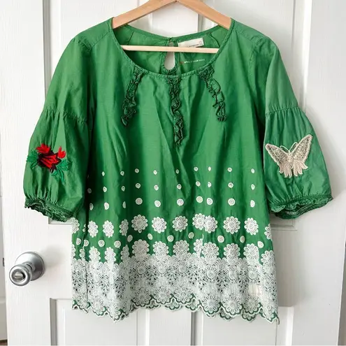 Odd Molly Anthropologie Green Boho Embroidered Scallop Hem Blouse Size S