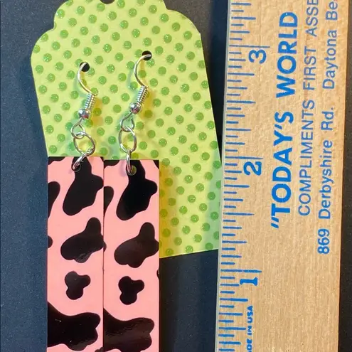 Pink Cow Print Dangle Pierced Earrings New