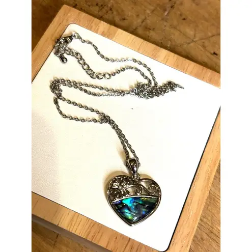 Sterling Silver Heart-Shaped Pendant With Abalone Inlay & Floral Detail On Chain