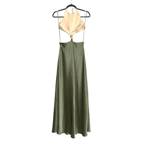Bec & Bridge NWT Carrie Halter Satin Cut Out Cream Green Maxi Dress US 10