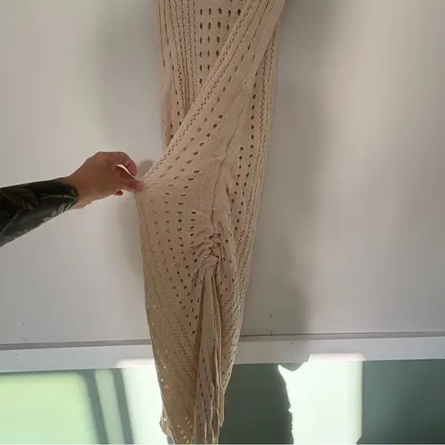 NWT BMJL crochet sleeveless beach dress knit coverup side ruching oatmeal small Tan