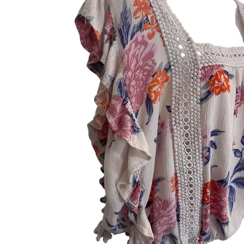 Angie  Square Neck Crochet Crinkle Floral Flutter Ruffle Blouse Top Cream Large - Image 4