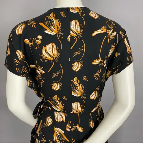JUST Female Dress Elay Leaves Print Wrap Floral Black Golden Yellow Size Small