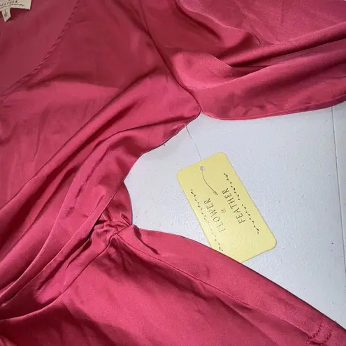 Flower & Feather Pink Silky Designer Preppy Shine Glam Bow Tie Blouse Top Small
