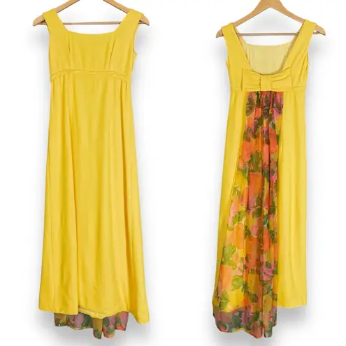Vintage 1960s Dress Handmade Floral Train Yellow Crepe Empire Waist Bow Back Size undefined