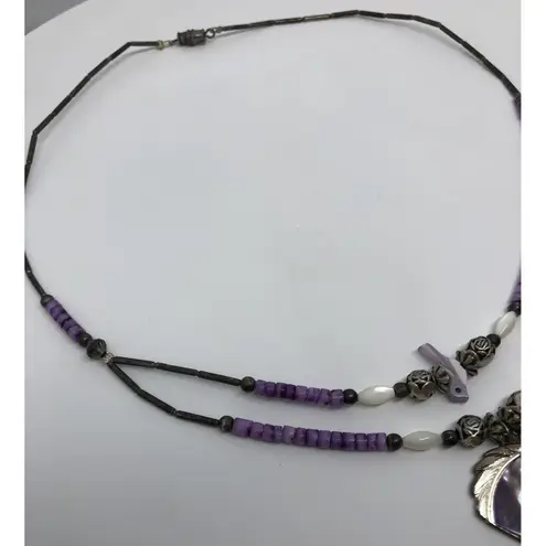 Rare Vtg Silver Horse Necklace Purple Pony Pendant Silver Roses Beaded Bird 16"