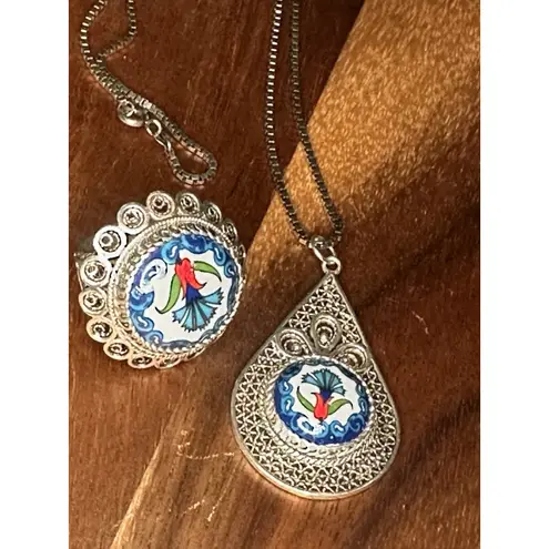 DGS Sterling Silver 925 Filigree Handpainted Ceramic Ring & Pendant Sz 6.5