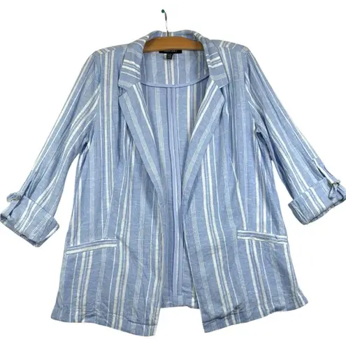 Ellen Tracy Roll Tab Linen Blazer Blue White Stripped sz M Coastal Nautical