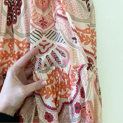 FATE. Printed Puff Sleeve Smocked Midi Dress Coral/Pink Size M