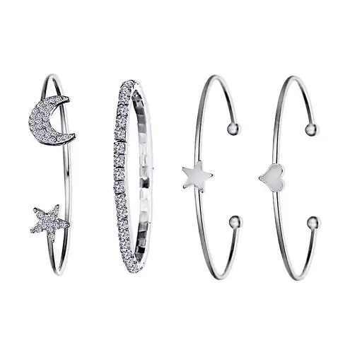Boutique Silver Bangle Bracelet Set Crystal Star Moon Heart Charm Stackable Jewelry