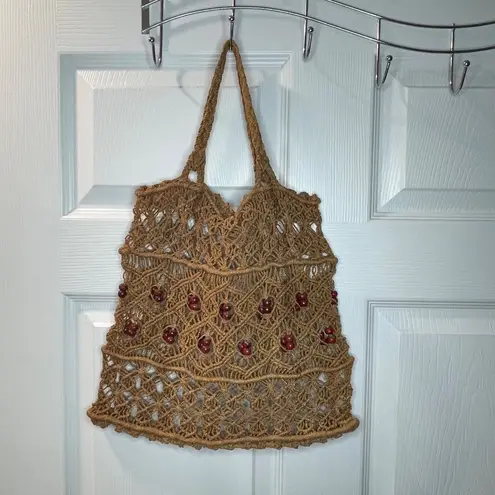 Handmade Vintage Crocheted Jute Handbag Woven Tote Bag Beaded Purse Bohemian