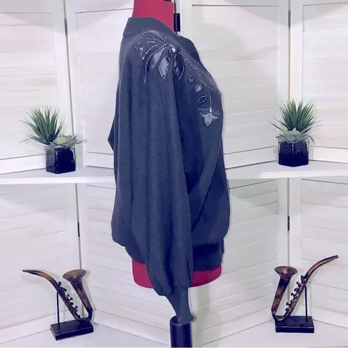 Vintage 80s 90s Gray Embroidered Knit Cardigan Floral Appliqué Medium