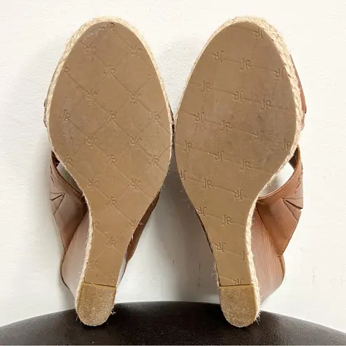 Jack Rogers  Sophia Oak Brown Leather Wedge Whipstitch Heel Open Toe Sandals 7 M