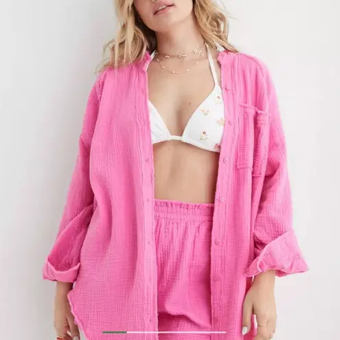 Aerie  POOL TO PARTY GAUZEY COTTON BUTTON DOWN COVERUP LARGE PINK - Image 1
