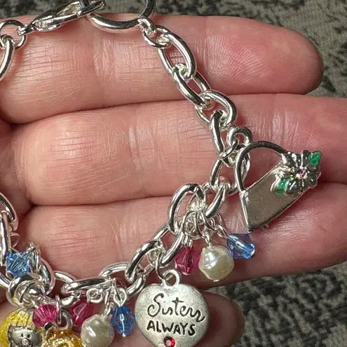 Sister Friendship Charm Bracelet Silver Tone Chains Lucite Beads Engraved Charms