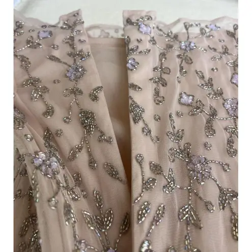 Mac Duggal 10812 Beaded Tea Length Dress Sheer Long Sleeves Womens Size 14 Party