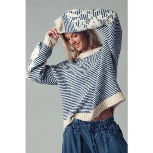 Urban Daizy Floral Embroidered Striped Knit Sweater