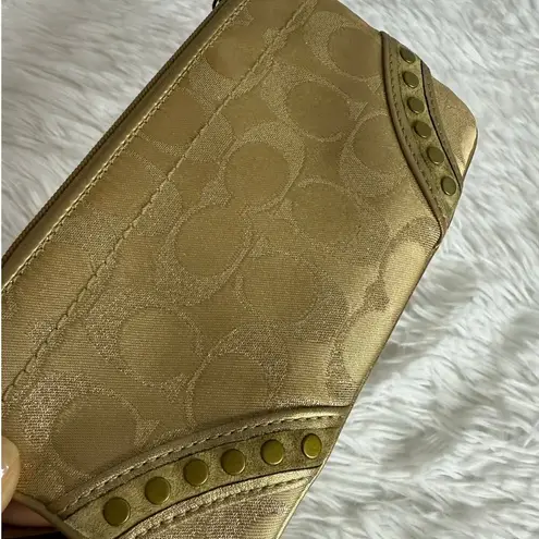 Coach  Tan Signature Canvas Suede Stud Wristlet